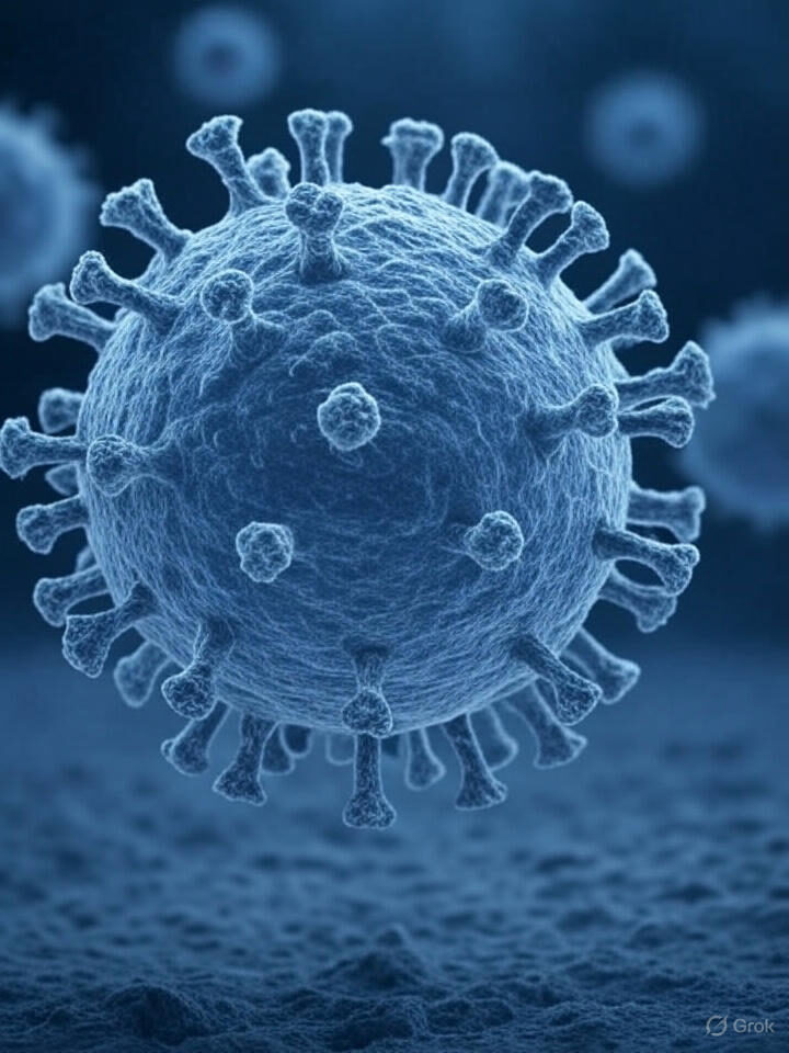 Creative depiction of the flu virus, distinct from COVID-19, highlighting winter health concerns in Somerset West, as featured in Helderberg Family Practice’s flu season article.