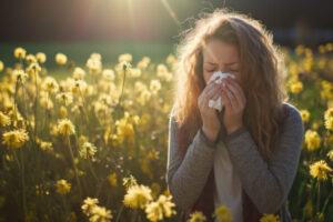 Woman sneezing outdoors, representing seasonal allergies in Somerset West during spring and summer.